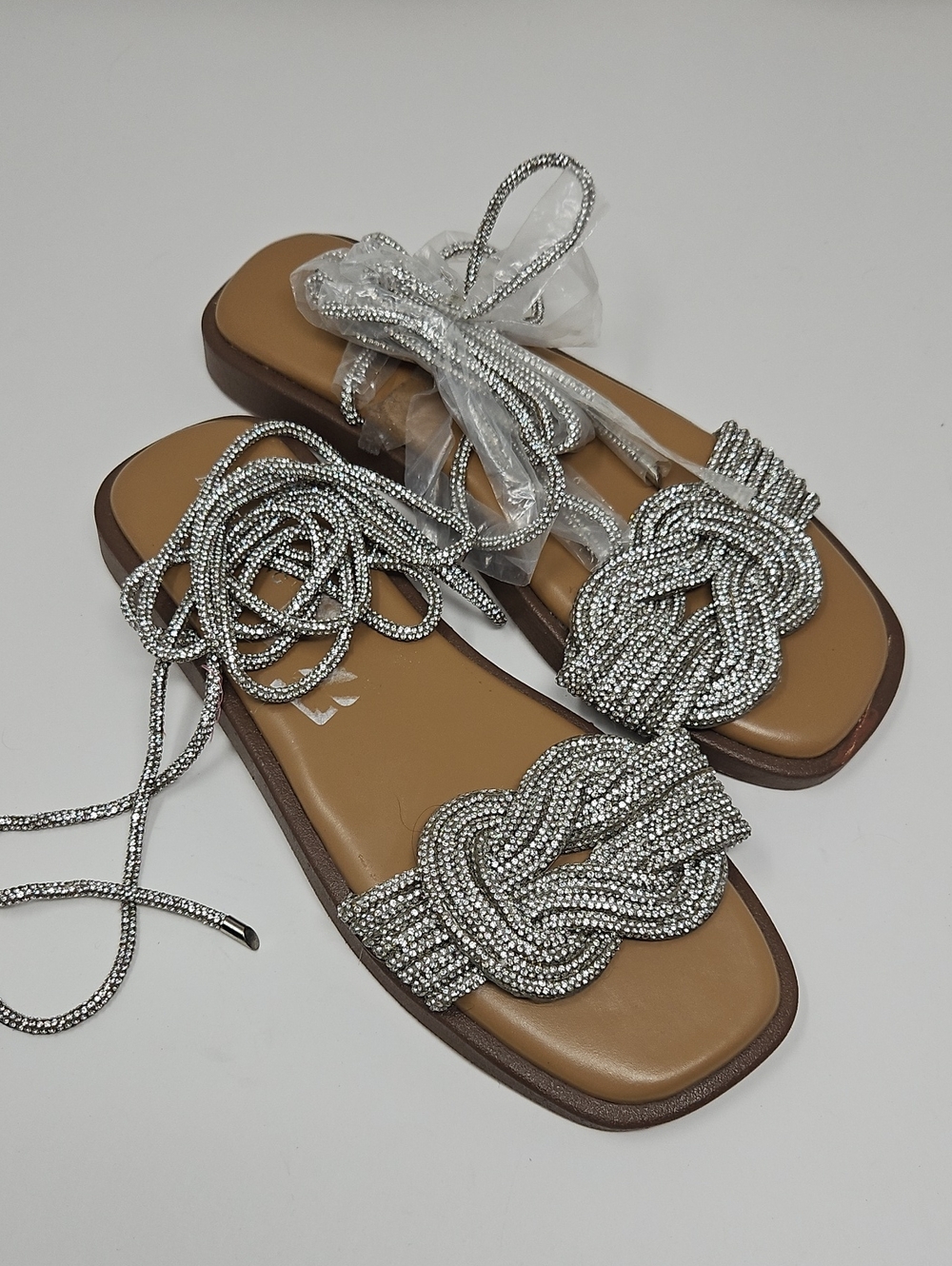 Azale Wang Silver Knot Embellished Lace-Up Sparkle Sandals Size 10